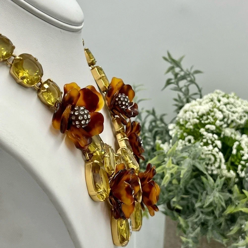 J. Crew Tortoise Shell Flower Asymmetrical Pave Yellow‎ Rhinestone Bib Necklace
